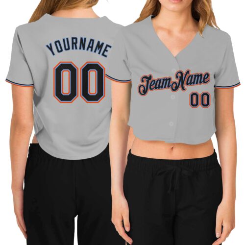 Cropped0267 Custom Women's Gray Black Powder Blue-Orange V-Neck Cropped Baseball Jersey