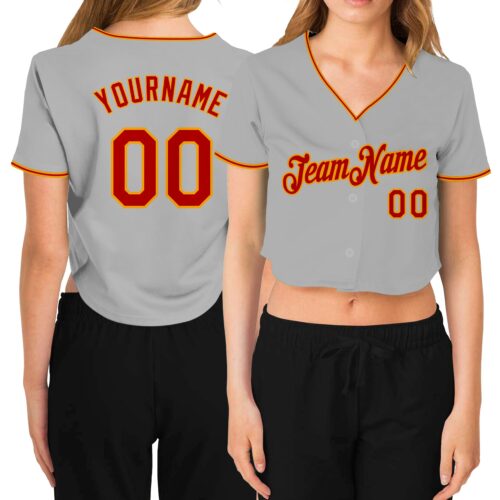 Cropped0268 Custom Women's Gray Red-Gold V-Neck Cropped Baseball Jersey