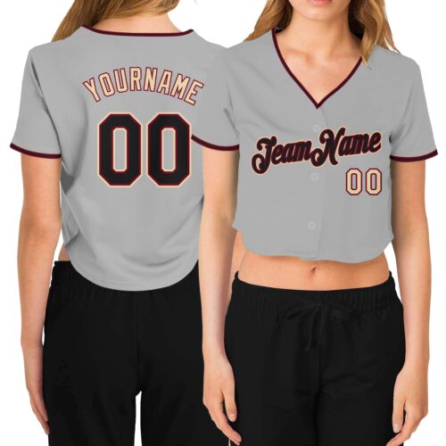 Cropped0269 Custom Women's Gray Black Crimson-Cream V-Neck Cropped Baseball Jersey