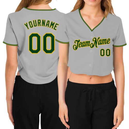 Cropped0270 Custom Women's Gray Green-Gold V-Neck Cropped Baseball Jersey