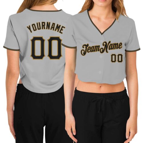 Cropped0271 Custom Women's Gray Black-Old Gold V-Neck Cropped Baseball Jersey