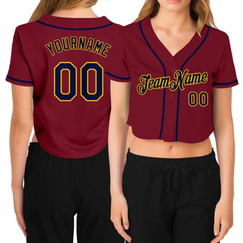 Cropped0272 Custom Women's Crimson Navy-Gold V-Neck Cropped Baseball Jersey
