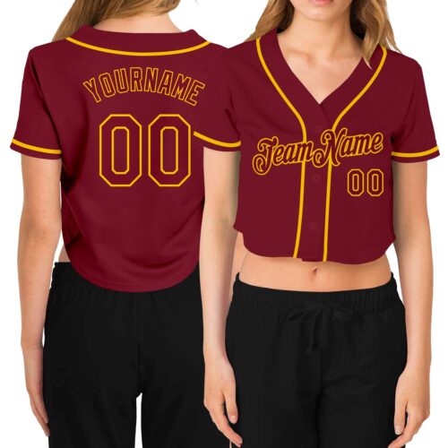 Cropped0273 Custom Women's Crimson Crimson-Gold V-Neck Cropped Baseball Jersey
