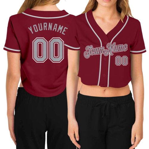 Cropped0274 Custom Women's Crimson Gray-White V-Neck Cropped Baseball Jersey