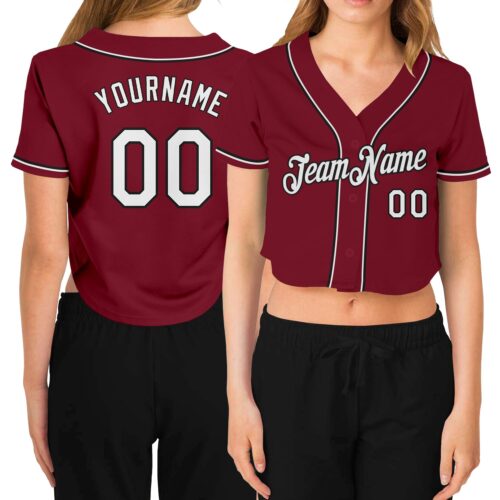 Cropped0275 Custom Women's Crimson White-Black V-Neck Cropped Baseball Jersey