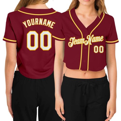 Cropped0276 Custom Women's Crimson White-Gold V-Neck Cropped Baseball Jersey