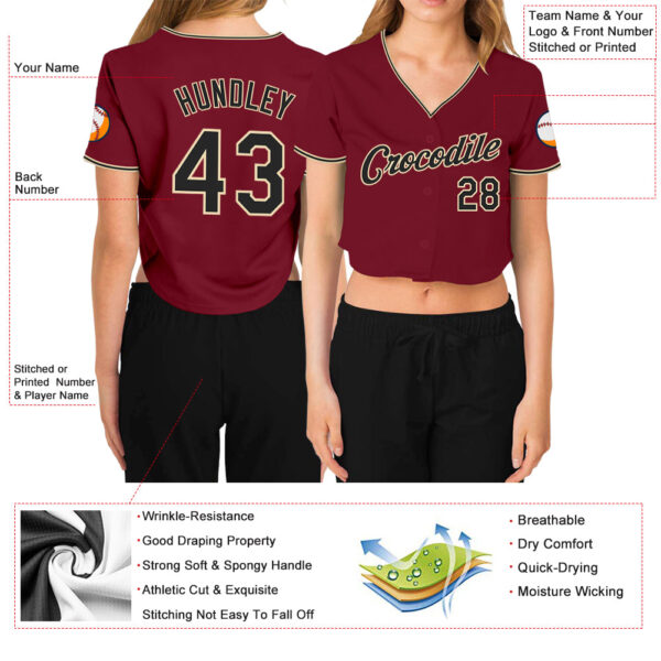 Custom Women's Crimson Black-Cream V-Neck Cropped Baseball Jersey