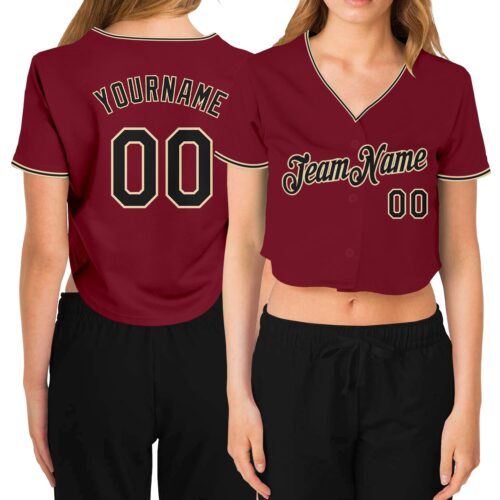 Cropped0277 Custom Women's Crimson Black-Cream V-Neck Cropped Baseball Jersey
