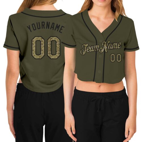 Cropped0279 Custom Women's Olive Camo-Black Salute To Service V-Neck Cropped Baseball Jersey