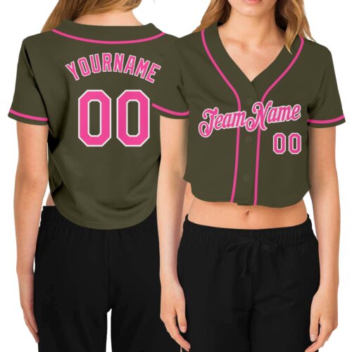 Cropped0280 Custom Women's Olive Pink-White Salute To Service V-Neck Cropped Baseball Jersey