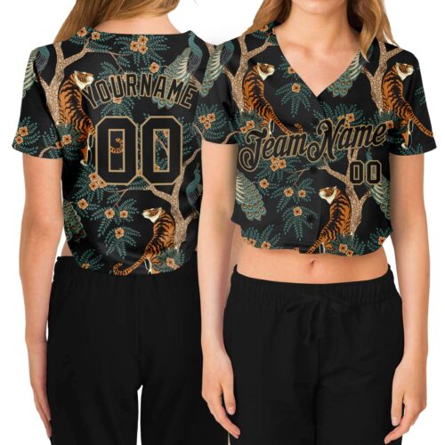 Cropped0282 Custom Women's Black Black-Old Gold Tiger And Peacock 3D V-Neck Cropped Baseball Jersey