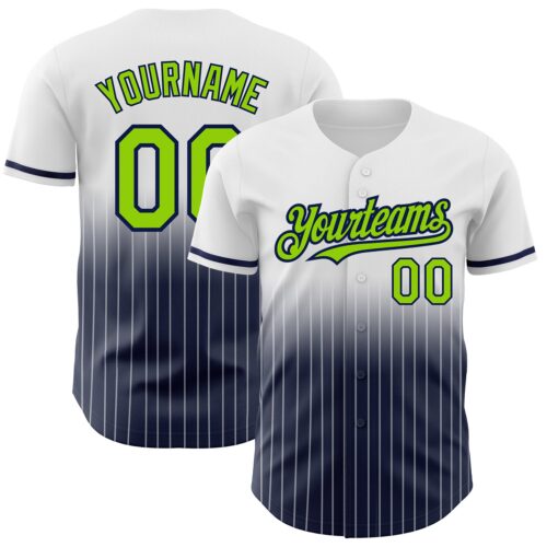 FadeFashion0515 Custom White Pinstripe Neon Green-Navy Authentic Fade Fashion Baseball Jersey