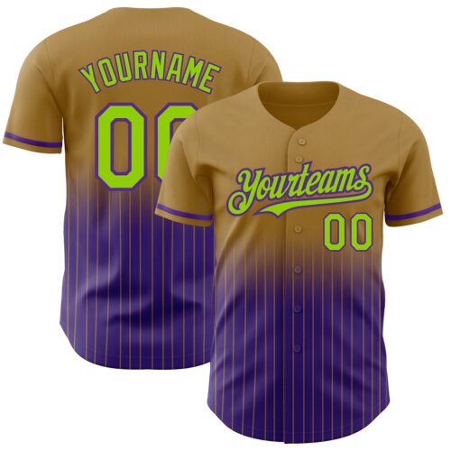 FadeFashion0574 Custom Old Gold Pinstripe Neon Green-Purple Authentic Fade Fashion Baseball Jersey