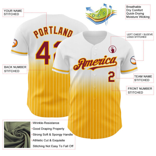 Custom White Pinstripe Crimson-Gold Authentic Fade Fashion Baseball Jersey