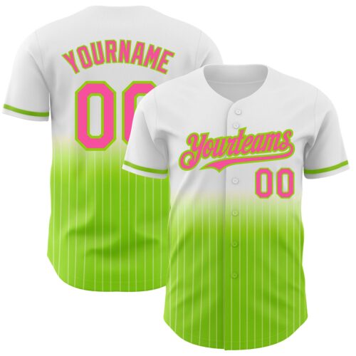 FadeFashion0665 Custom White Pinstripe Pink-Neon Green Authentic Fade Fashion Baseball Jersey