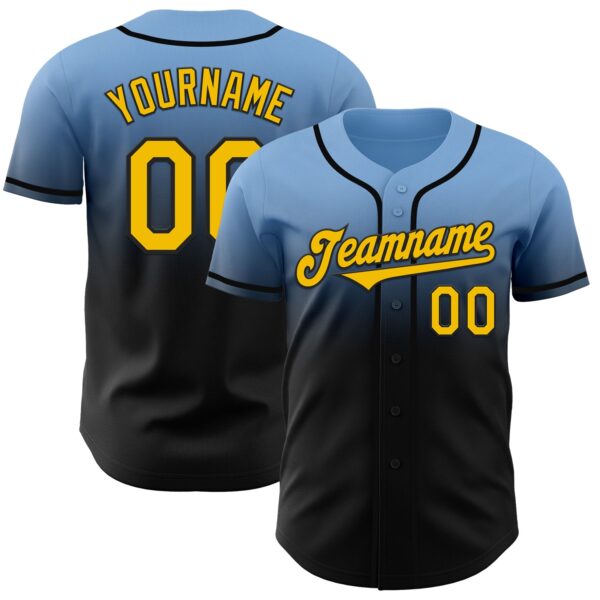 Custom Light Blue Yellow-Black Authentic Fade Fashion Baseball Jersey