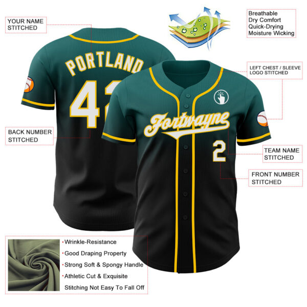 Custom Teal Black-Yellow Authentic Fade Fashion Baseball Jersey