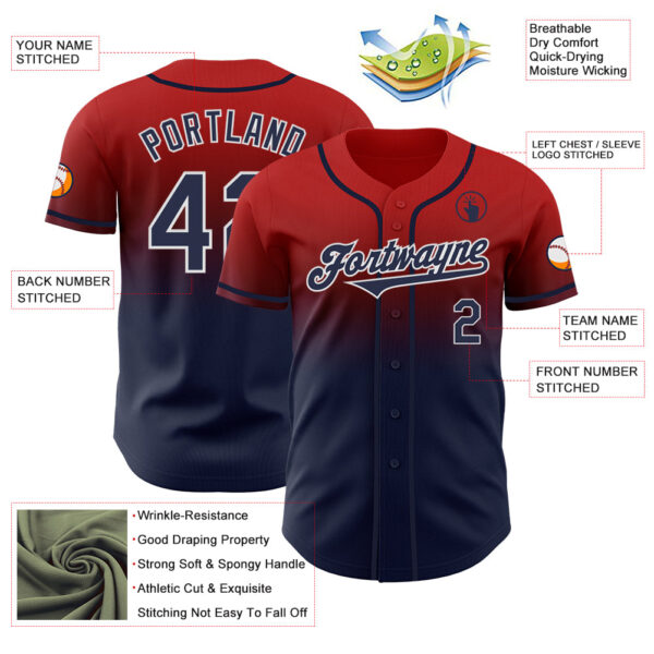 Custom Red Navy-White Authentic Fade Fashion Baseball Jersey