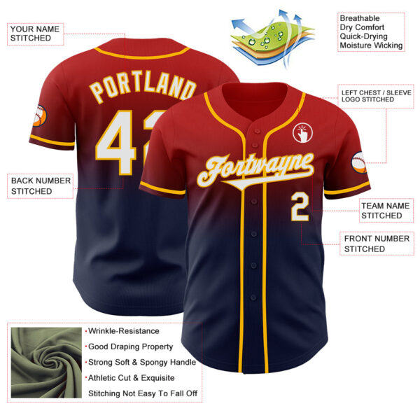 Custom Red Navy-Gold Authentic Fade Fashion Baseball Jersey
