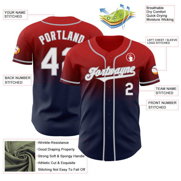 Custom Red Navy-Gray Authentic Fade Fashion Baseball Jersey