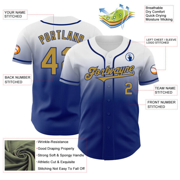Custom White Old Gold-Royal Authentic Fade Fashion Baseball Jersey