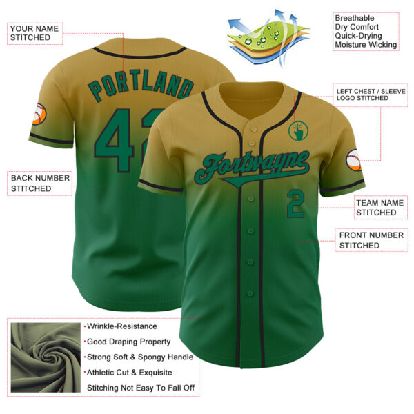 Custom Old Gold Kelly Green-Black Authentic Fade Fashion Baseball Jersey
