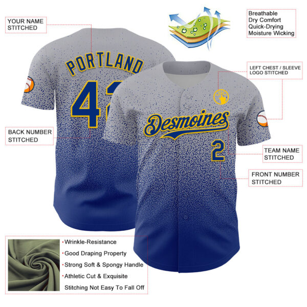 Custom Gray Royal-Gold Fade Fashion Speckle Authentic Baseball Jersey