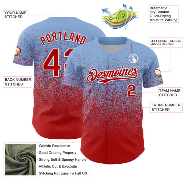 Custom Light Blue Red-White Fade Fashion Speckle Authentic Baseball Jersey