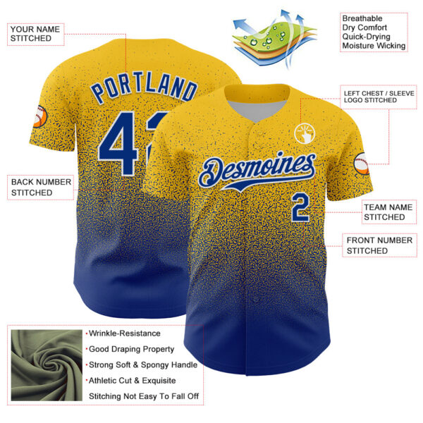 Custom Yellow Royal-White Fade Fashion Speckle Authentic Baseball Jersey