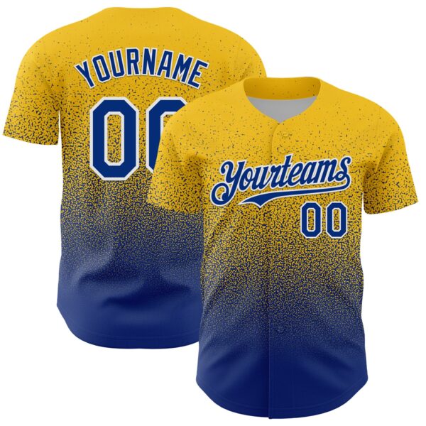 Custom Yellow Royal-White Fade Fashion Speckle Authentic Baseball Jersey