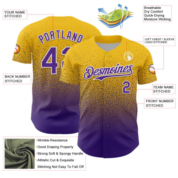 Custom Yellow Purple-White Fade Fashion Speckle Authentic Baseball Jersey