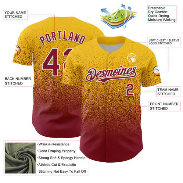 Custom Yellow Crimson-White Fade Fashion Speckle Authentic Baseball Jersey