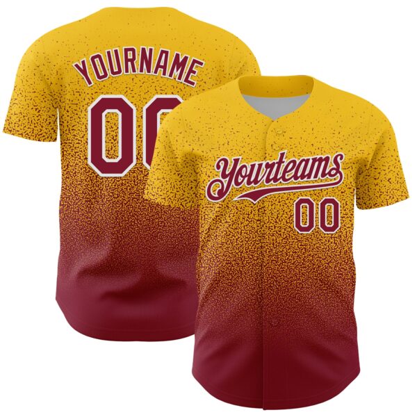 Custom Yellow Crimson-White Fade Fashion Speckle Authentic Baseball Jersey