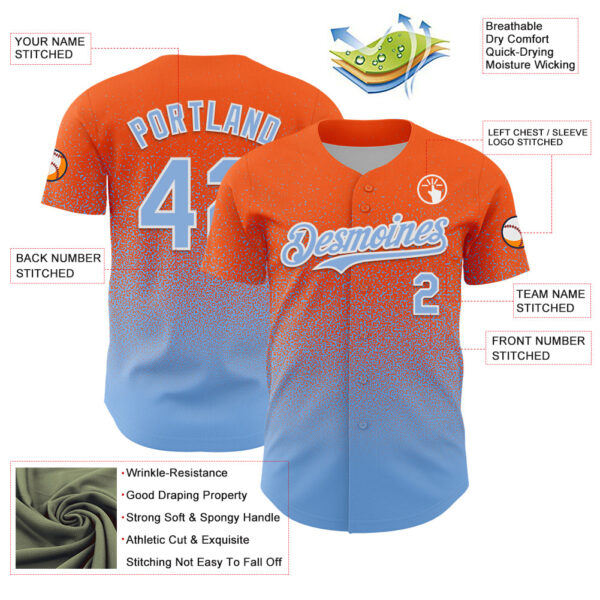 Custom Orange Light Blue-White Fade Fashion Speckle Authentic Baseball Jersey