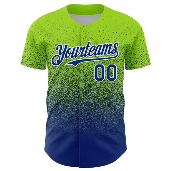 Custom Neon Green Royal-White Fade Fashion Speckle Authentic Baseball Jersey