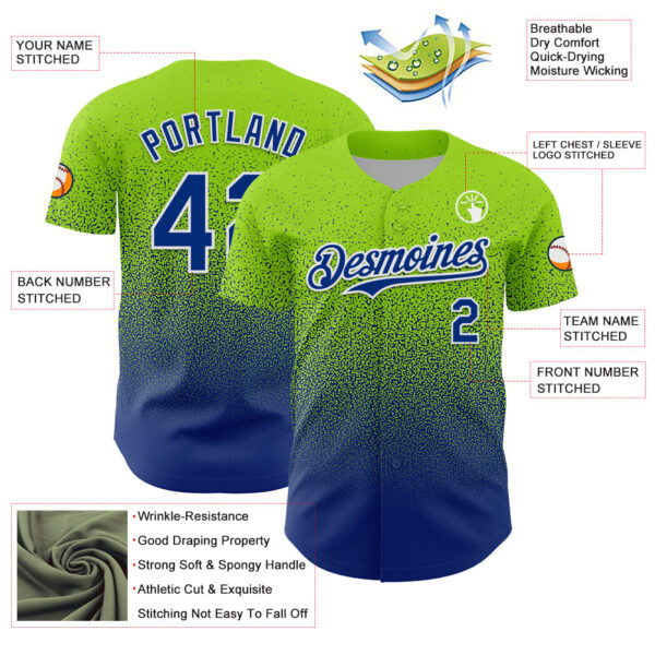 Custom Neon Green Royal-White Fade Fashion Speckle Authentic Baseball Jersey