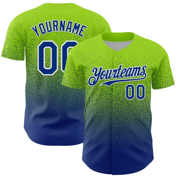 Custom Neon Green Royal-White Fade Fashion Speckle Authentic Baseball Jersey