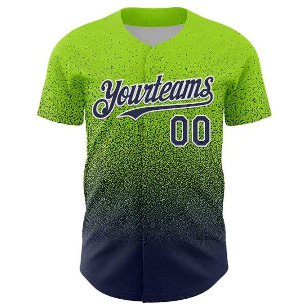 Custom Neon Green Navy-White Fade Fashion Speckle Authentic Baseball Jersey