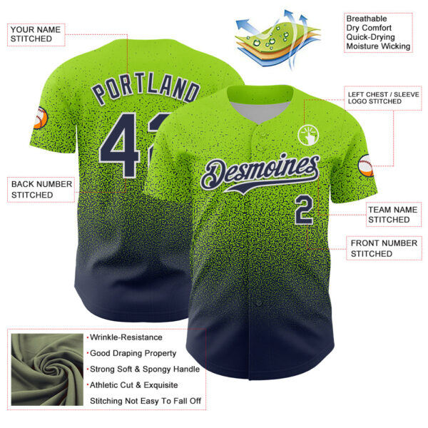 Custom Neon Green Navy-White Fade Fashion Speckle Authentic Baseball Jersey