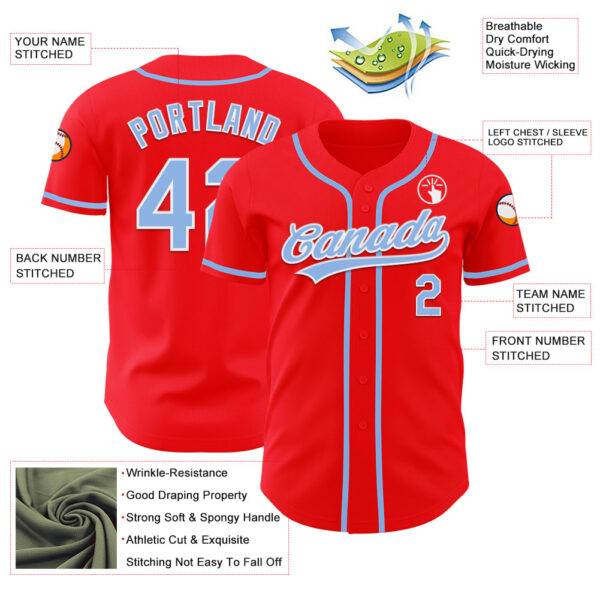 Custom Fire Red Light Blue-White Authentic Baseball Jersey