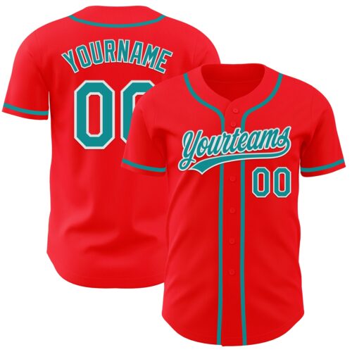 FireRed0014 Custom Fire Red Teal-White Authentic Baseball Jersey
