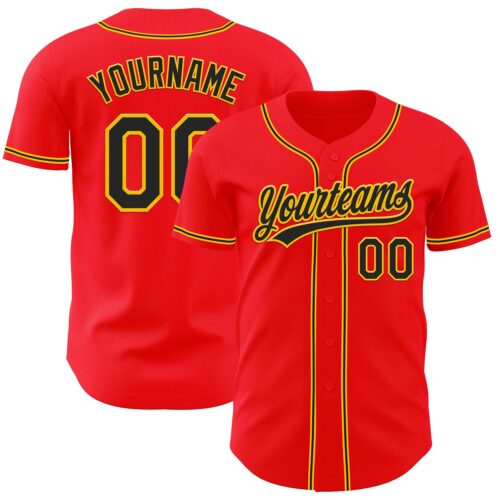 FireRed0024 Custom Fire Red Black-Yellow Authentic Baseball Jersey