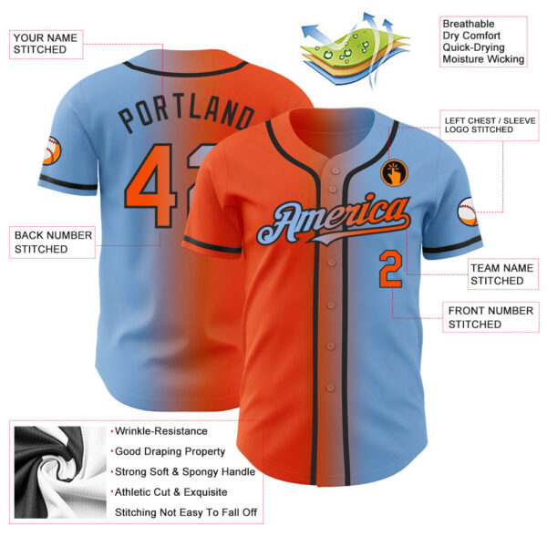 Custom Light Blue Orange-Black Authentic Gradient Fashion Baseball Jersey