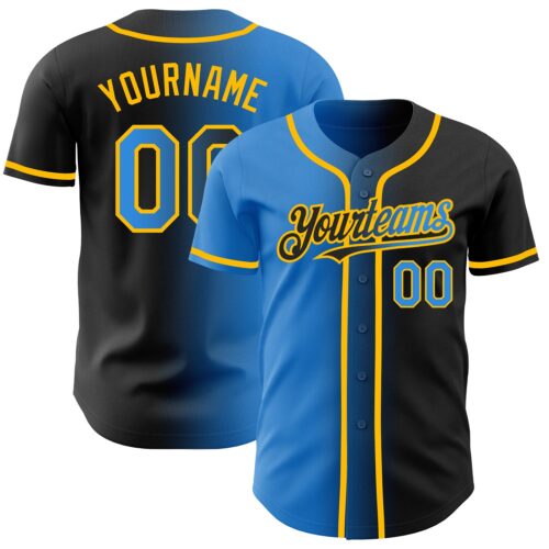 Gradient0208 Custom Black Electric Blue-Gold Authentic Gradient Fashion Baseball Jersey