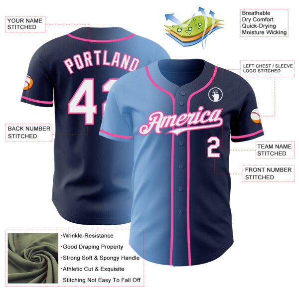 Custom Navy White Light Blue-Pink Authentic Gradient Fashion Baseball Jersey