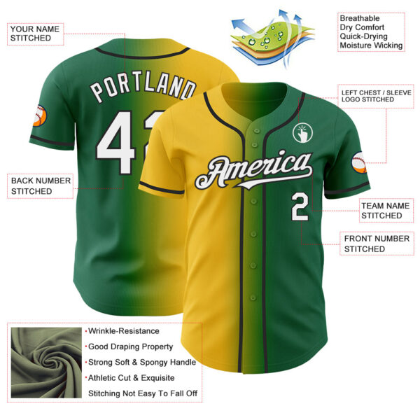 Custom Kelly Green White Yellow-Black Authentic Gradient Fashion Baseball Jersey