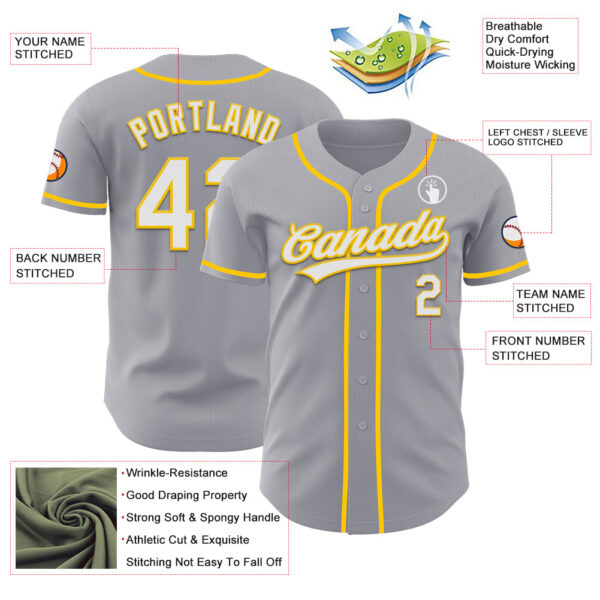 Custom Gray White-Yellow Authentic Baseball Jersey