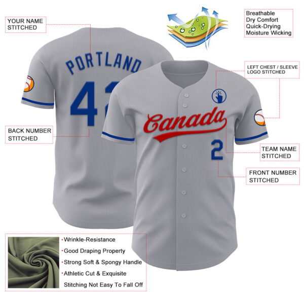 Custom Gray Royal-Red Authentic Baseball Jersey
