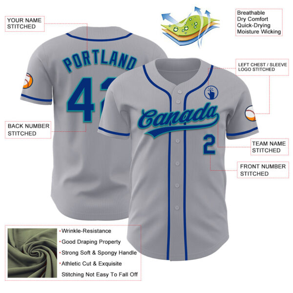 Custom Gray Royal-Teal Authentic Baseball Jersey