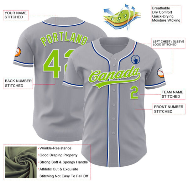 Custom Gray Neon Green Royal-White Authentic Baseball Jersey